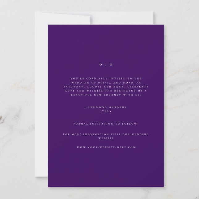 Elegant Script White & Purple Save The Date Card (Back)
