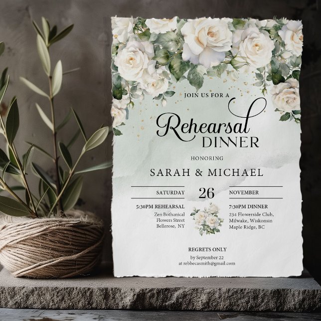 Elegant script white roses and gold rehearsal invitation (Bohemian White Roses and Eucalyptus Greenery and gold wedding rehearsal dinner invitation)
