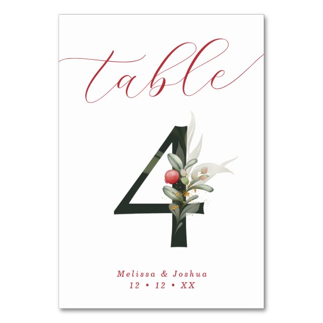 Elegant Script Winter Berries Table 4 Table Number (Back)
