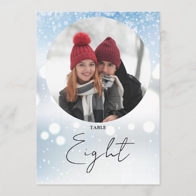 Elegant Script Winter Snowflakes Table Number (Front)