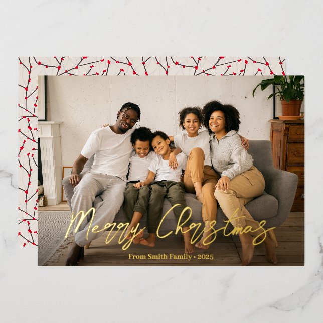 Elegant Script Winterberry Photo Foil Holiday Card (Front/Back)