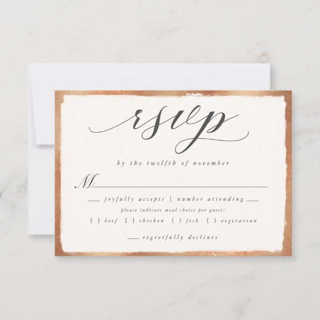 Elegant Script with Copper Meal Choice Wedding RSVP Card (Front)