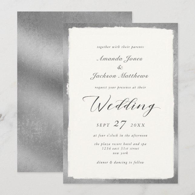 Elegant Script with Silver Edge Minimal Wedding Invitation (Front/Back)