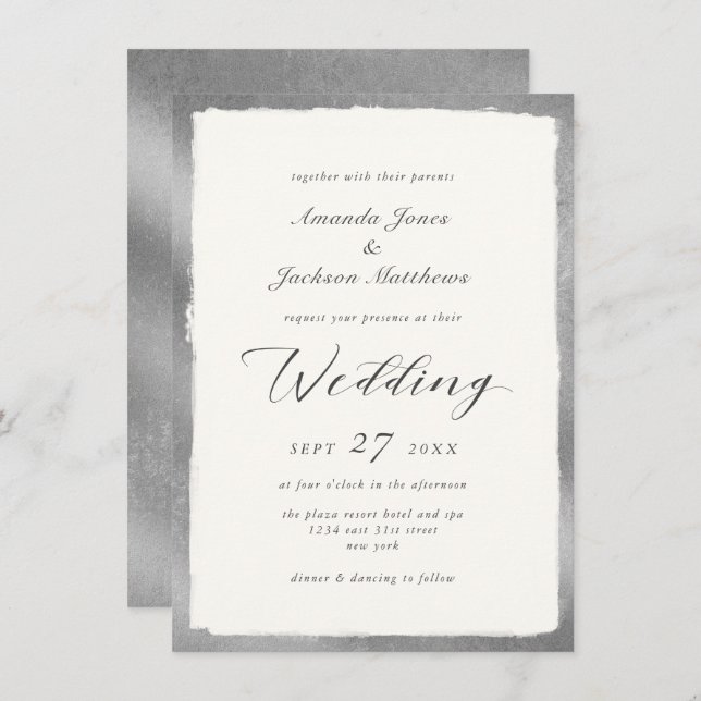Elegant Script with Silver Semi Formal Wedding Invitation (Front/Back)