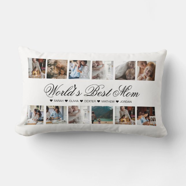 Elegant Script World's Best Mom Photo Collage Lumbar Pillow (Front)