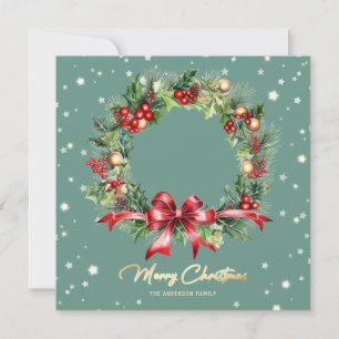 Elegant Script Wreath Green Photo Merry Christmas Holiday Card