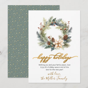 Elegant Script Wreath Greenery Happy Holidays Card
