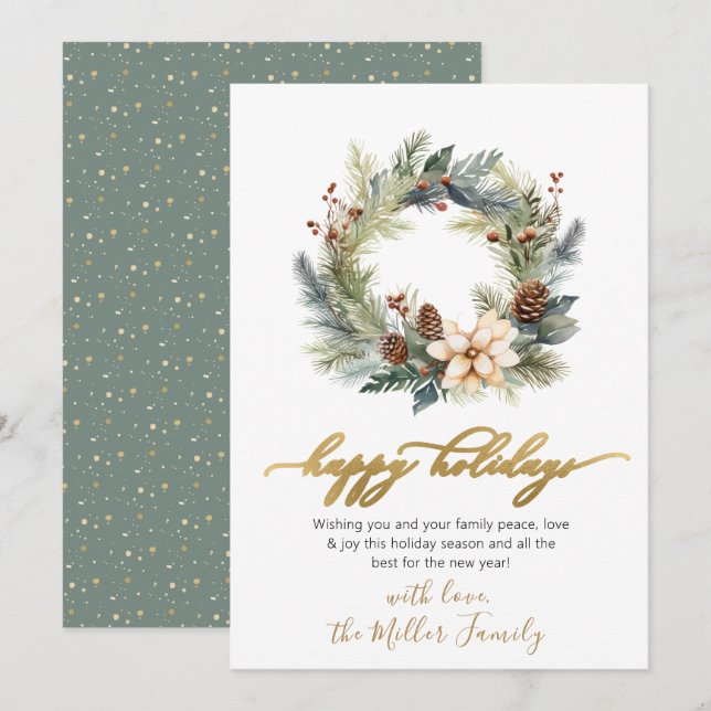 Élégant Script Wreath Verdure Bonne carte de vacan (Devant / Derrière)