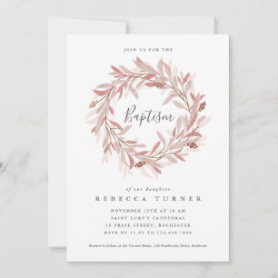 Elegant Script Wreath Watercolor Baptism Invitation