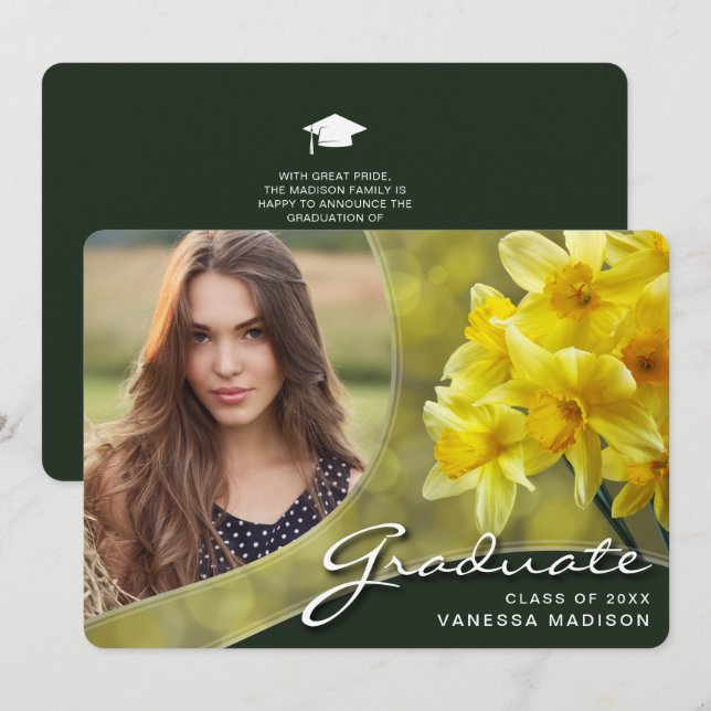 Elegant Script Yellow Flowers | Modern Photo Grad Announcement (Front/Back)