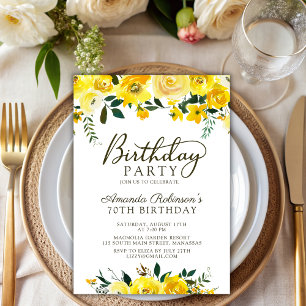 Elegant  Script Yellow Rose Floral 70th Birthday Invitation