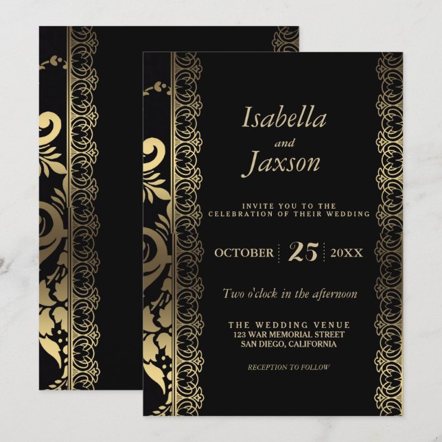 Elegant Scroll Black and Gold Invitation (Front/Back)