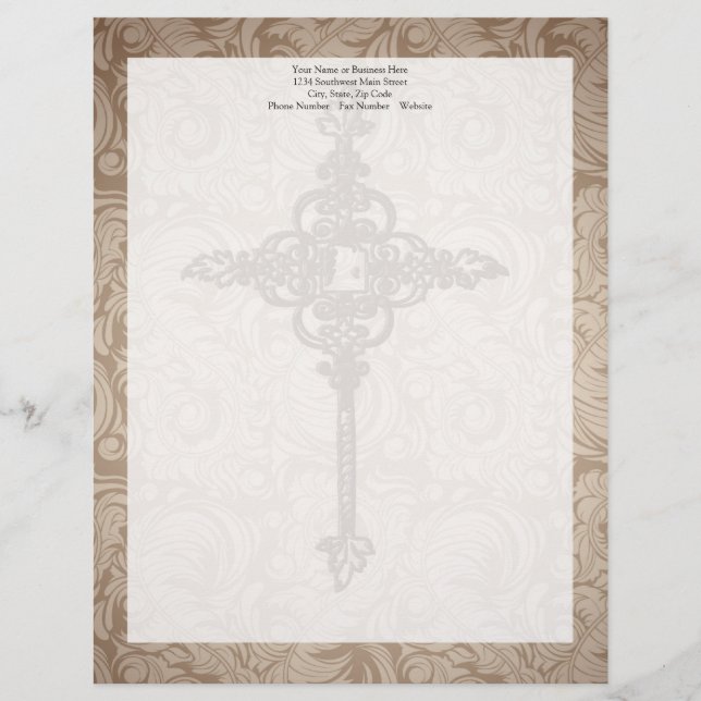 Elegant Scroll Christian Cross w/Swirl Background Letterhead (Front)