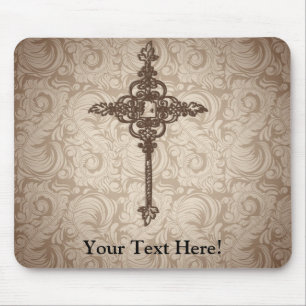 Elegant Scroll Christian Cross w/Swirl Background Mouse Pad