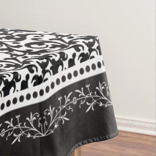 Elegant Scroll Damask Black and White Tablecloth