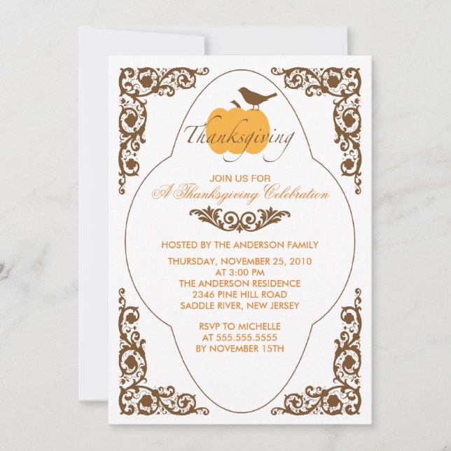 Elegant Scroll Pumpkin Thanksgiving Invitations (Front)