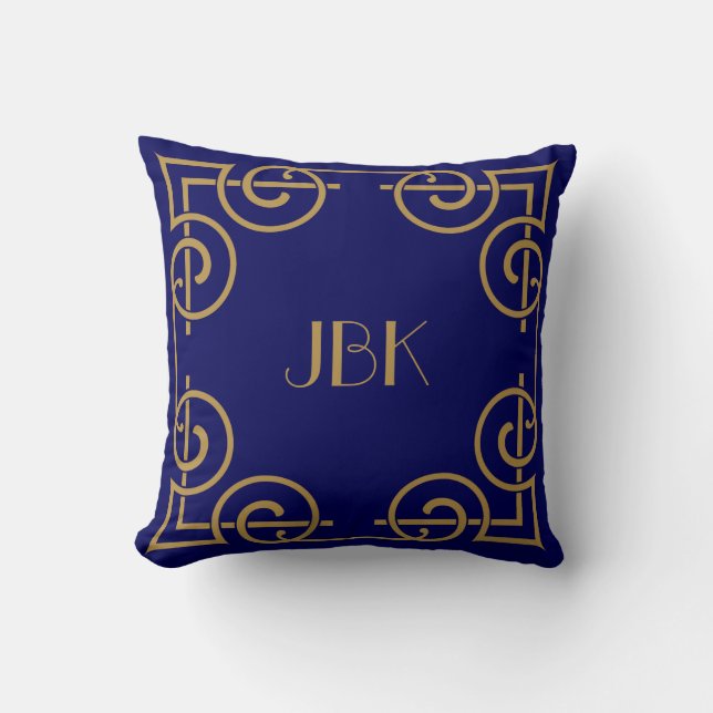 Elegant Scrolled Border, Monogram, Gold on Navy Throw Pillow (Front)