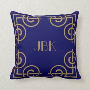 Elegant Scrolled Border, Monogram, Gold on Navy Throw Pillow