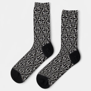 Elegant Scrolled Damask Pattern Black White Socks