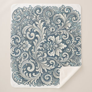 Elegant Scrolling Damask Pattern in Soft Blue and  Sherpa Blanket