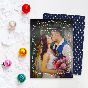 Elegant Scrolls Happy New Year Navy Blue Photo Holiday Card