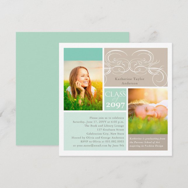 Elegant Scrolls Mint Two Photo Graduation Party Invitation (Front/Back)