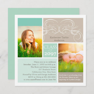 Elegant Scrolls Mint Two Photo Graduation Party Invitation