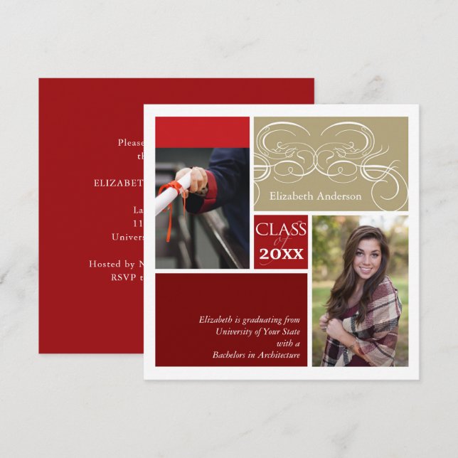 Elegant Scrolls Red Two Photo Graduation Party Invitation (Front/Back)