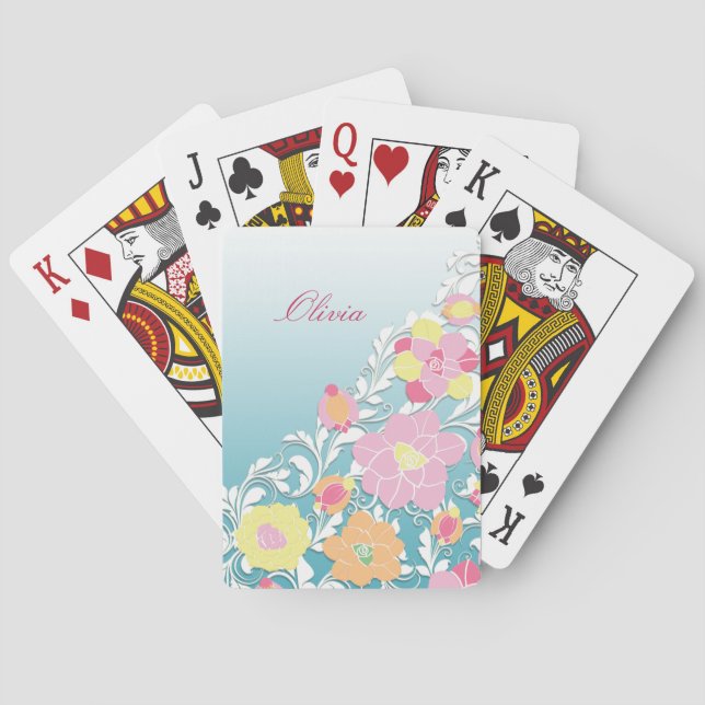 Elegant Sculpted Pastel Floral Personalized Playing Cards (Back)