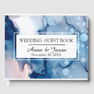 *~* Elegant Sea Blue Pink Watercolor Paint Wedding Guest Book