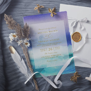 Elegant Sea Blue Purple Beach QR Code Wedding Invitation