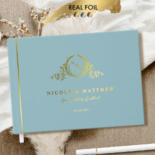 Elegant Sea Glass and Real Foil Monogram Wedding Guest Book