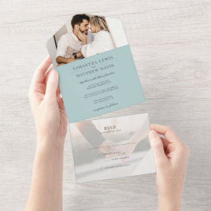 Elegant Sea Glass Dusty Blue Couple Photo Wedding All In One Invitation
