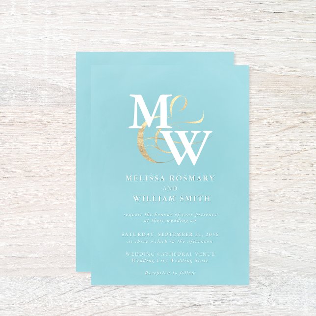 Elegant Sea Glass Monogram Gold Ampersand Wedding Invitation (Creator Uploaded)