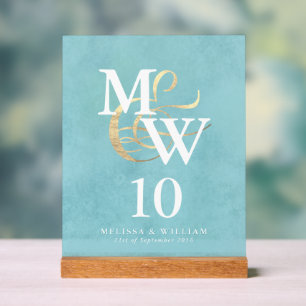 Elegant Sea Glass Monogram Wedding Table Number Acrylic Sign