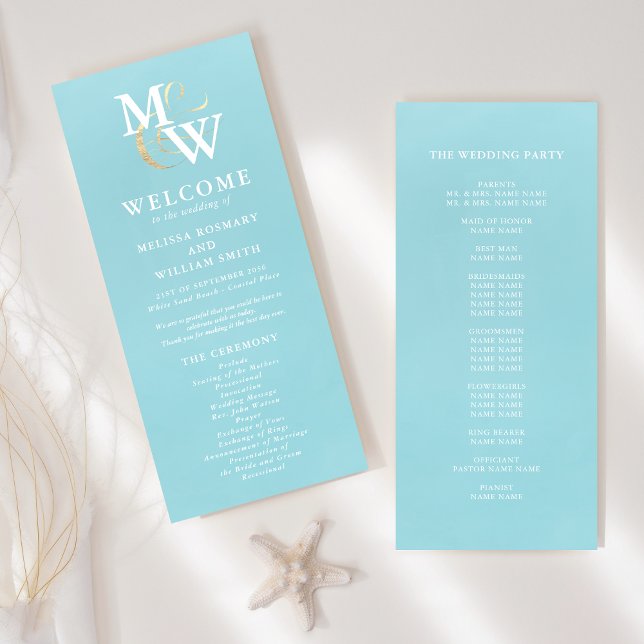 Elegant Sea Glass Teal Monogram Wedding Program (Creator Uploaded)