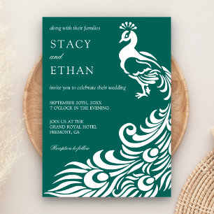 Elegant Sea Green and White Peacock Wedding Invitation