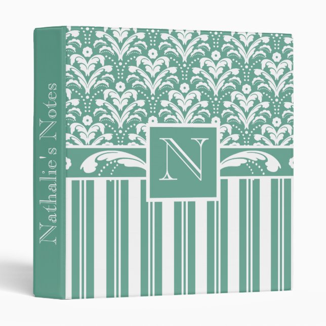 Elegant Sea Green Damask with Your Monogram Binder (Front/Spine)