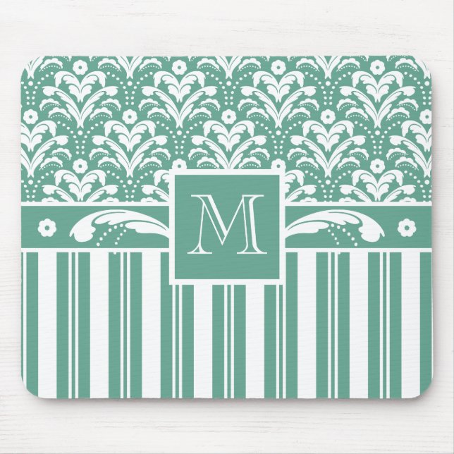 Elegant Sea Green Damask with Your Monogram Mouse Pad (Front)