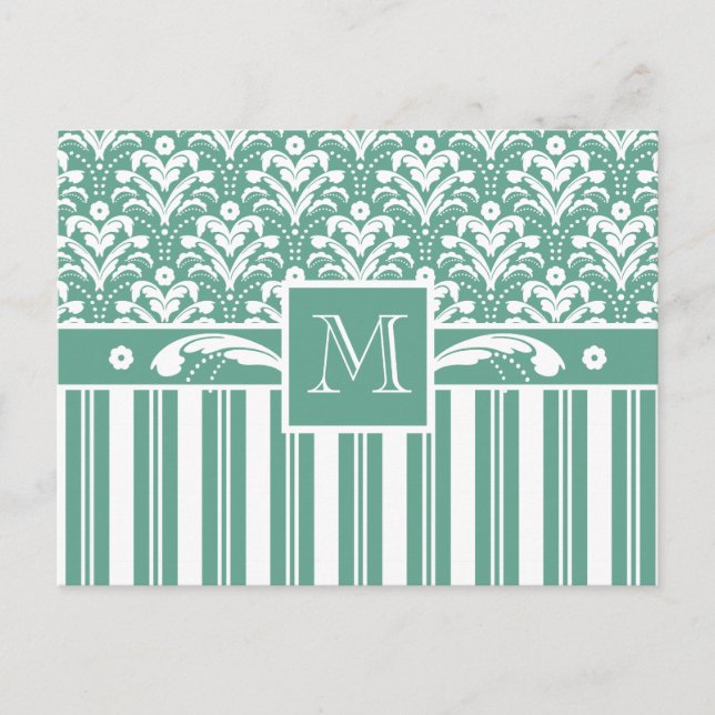 Elegant Sea Green Damask with Your Monogram Postcard (Front)