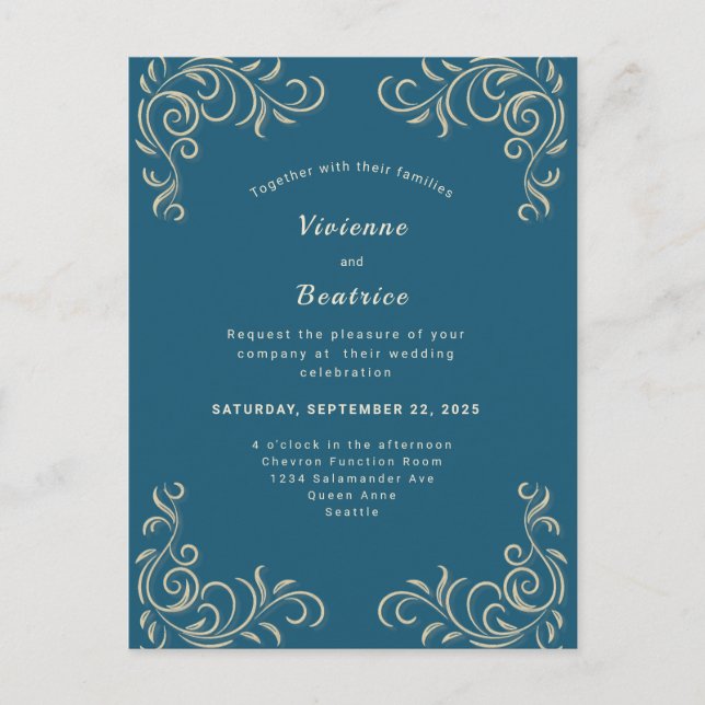 Elegant sea green gold scroll wedding invitation postcard (Front)