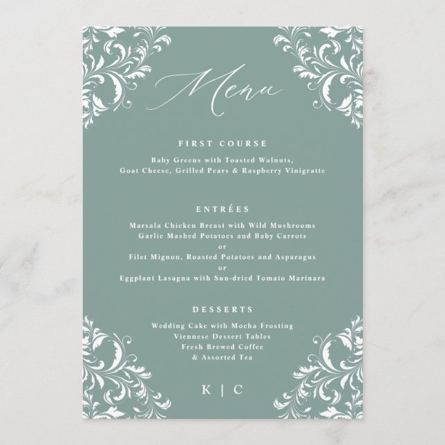 Elegant Sea Green Vintage Wedding Menus (Front)
