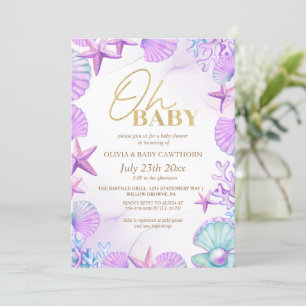 Elegant Sea Watercolor Gold Glitter Baby Shower Invitation