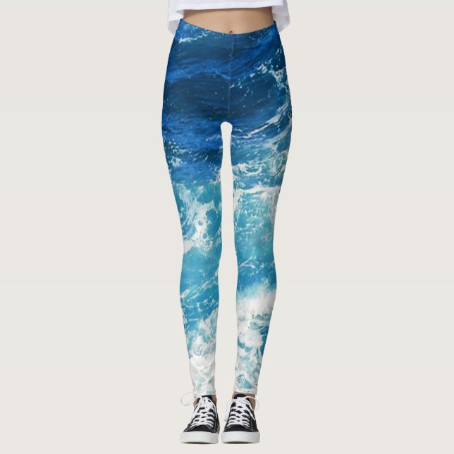 Elegant Sea Waves Blue Ocean Pattern Leggings (Front)