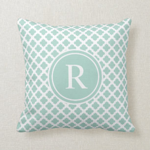 Elegant Seafoam Mint Quatrefoil Monogram Throw Pillow