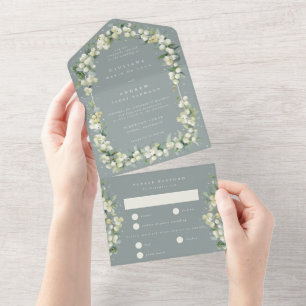 Elegant Seafoam Snowberry+Eucalyptus Wedding All In One Invitation