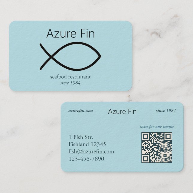 Elegant Seafood Restaurant | Fish Logo & QR Code Business Card (Front/Back)