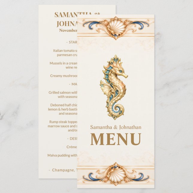 Elegant Seahorse Wedding Menu Nautical Beach (Front/Back)