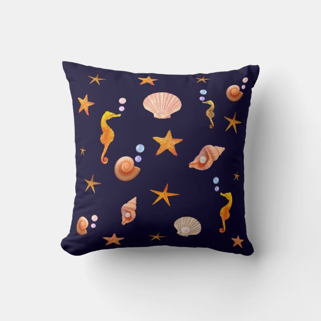 Elegant seahorses, shells & sea stars on navy blue throw pillow (Front)