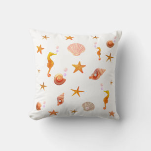Elegant seahorses, shells & sea stars on white throw pillow